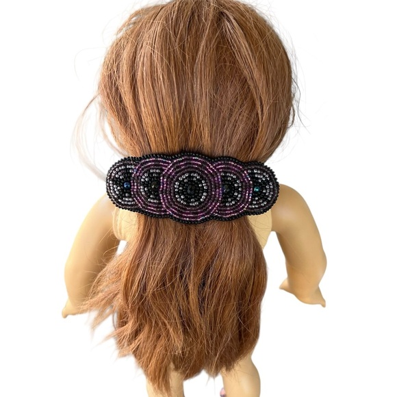 Vintage Seed Beaded Overlapping Circle Hair Clip Purple Black Taiwan 4” - Picture 9 of 13